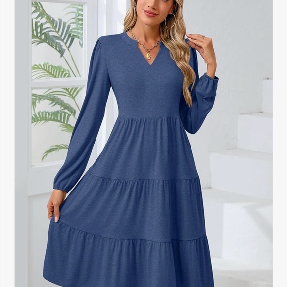 Elegant Blue Long Sleeve Dress - Picture 4 of 7
